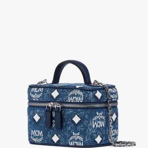 MCM Blue Denim Vanity Bag NWT Leather Hand Strap Silver Crossbody Chain